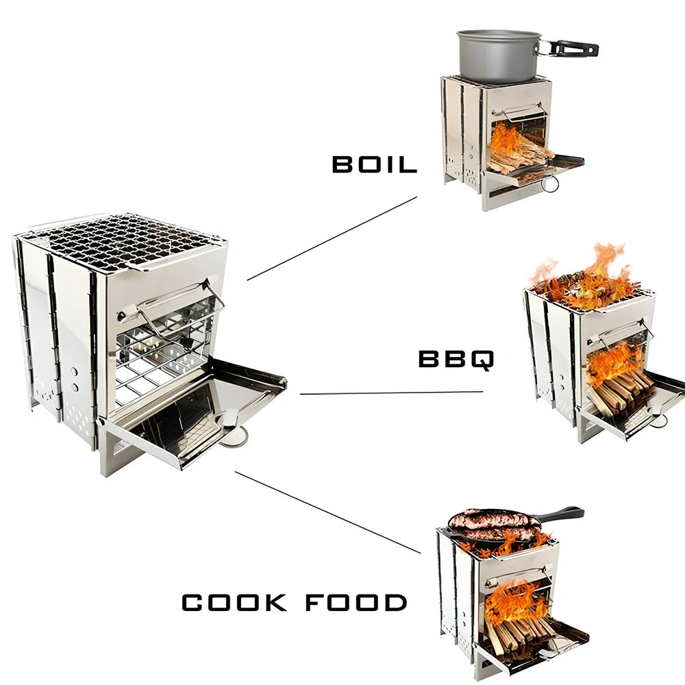 Silver portable folding stainless steel camping stove unfolded to 21x15x15cm with 15x15cm grill for wood and charcoal