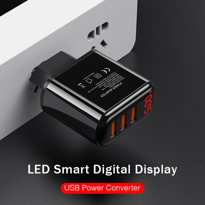 3-port USB charger with LED display for fast charging at 3.4A, ideal for travelers