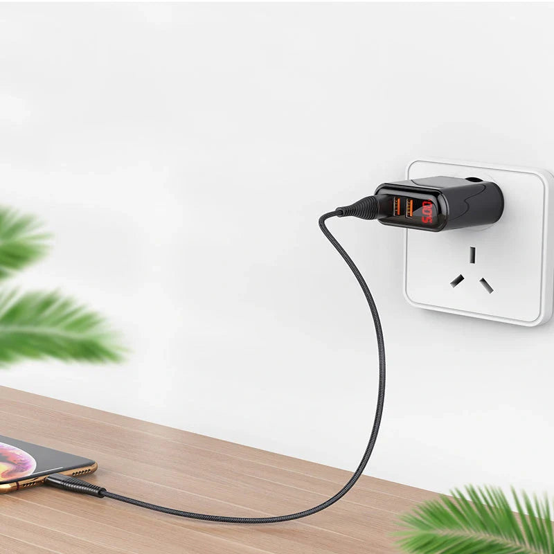3-port USB charger with LED display for fast charging at 3.4A, ideal for travelers