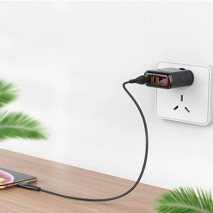 3-port USB charger with LED display for fast charging at 3.4A, ideal for travelers