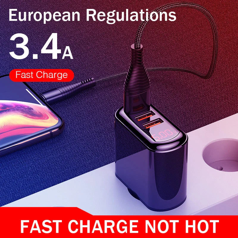 3-port USB charger with LED display for fast charging at 3.4A, ideal for travelers
