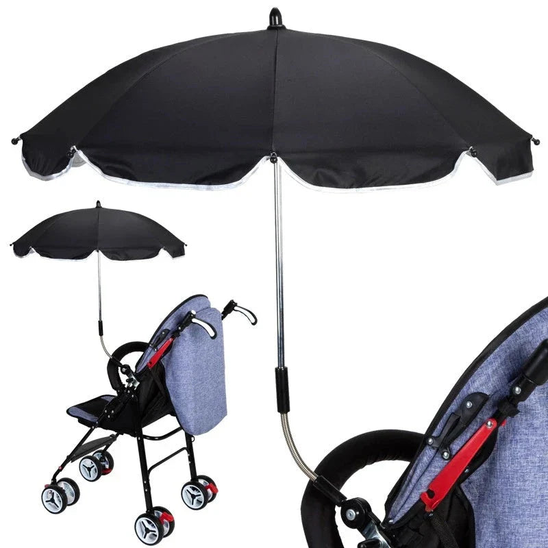 Adjustable stroller umbrella with 360-degree rotation for sun protection and shading during outdoor walks and activities