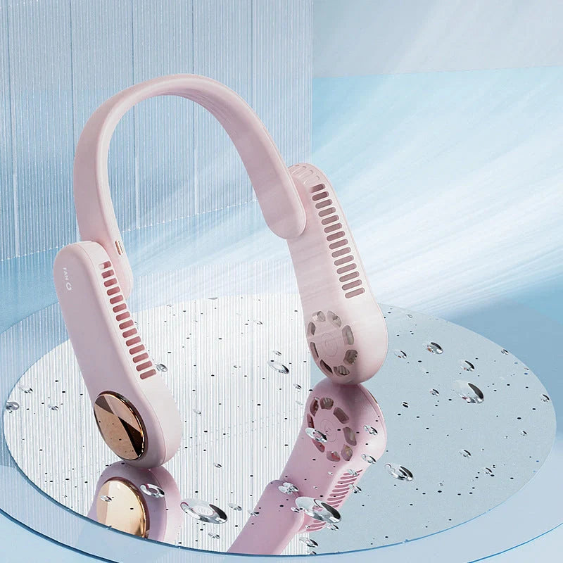 Mini hanging neck fan with dual wind heads and USB rechargeable feature