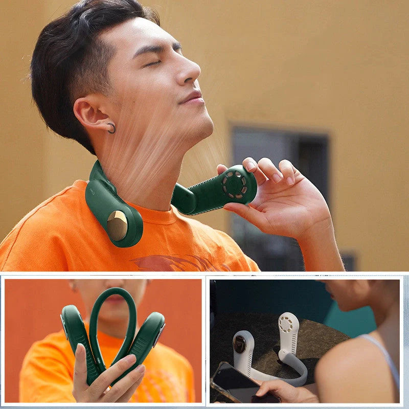 Mini hanging neck fan with dual wind heads and USB rechargeable feature