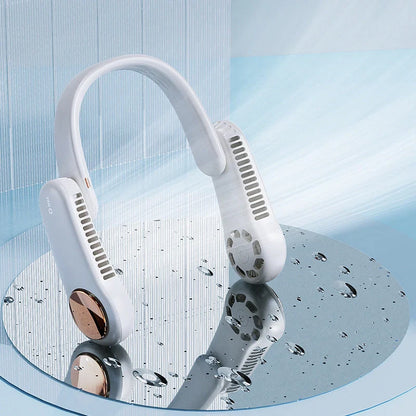 Mini hanging neck fan with dual wind heads and USB rechargeable feature