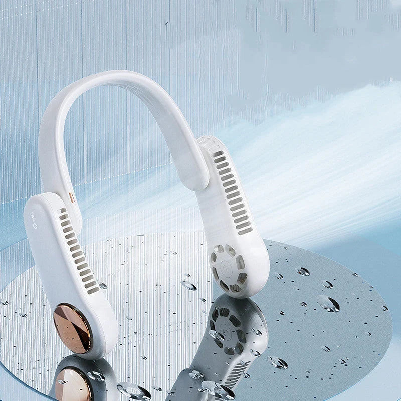 Mini hanging neck fan with dual wind heads and USB rechargeable feature