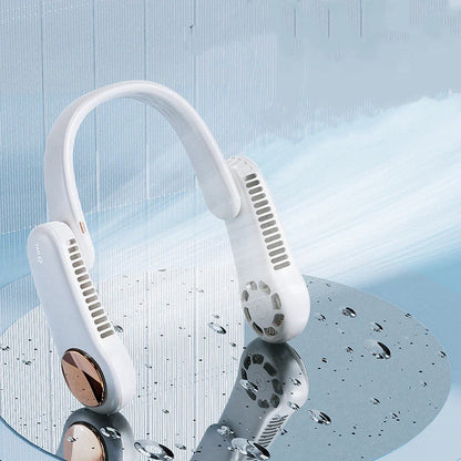 Mini hanging neck fan with dual wind heads and USB rechargeable feature