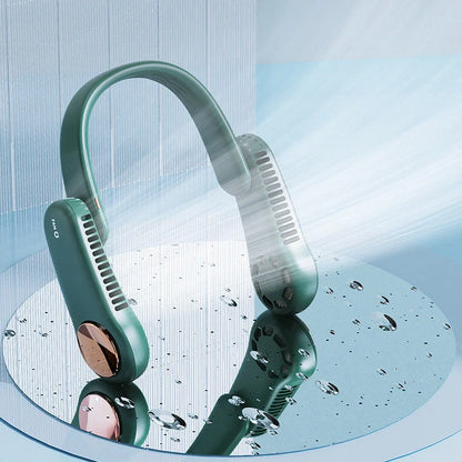 Mini hanging neck fan with dual wind heads and USB rechargeable feature