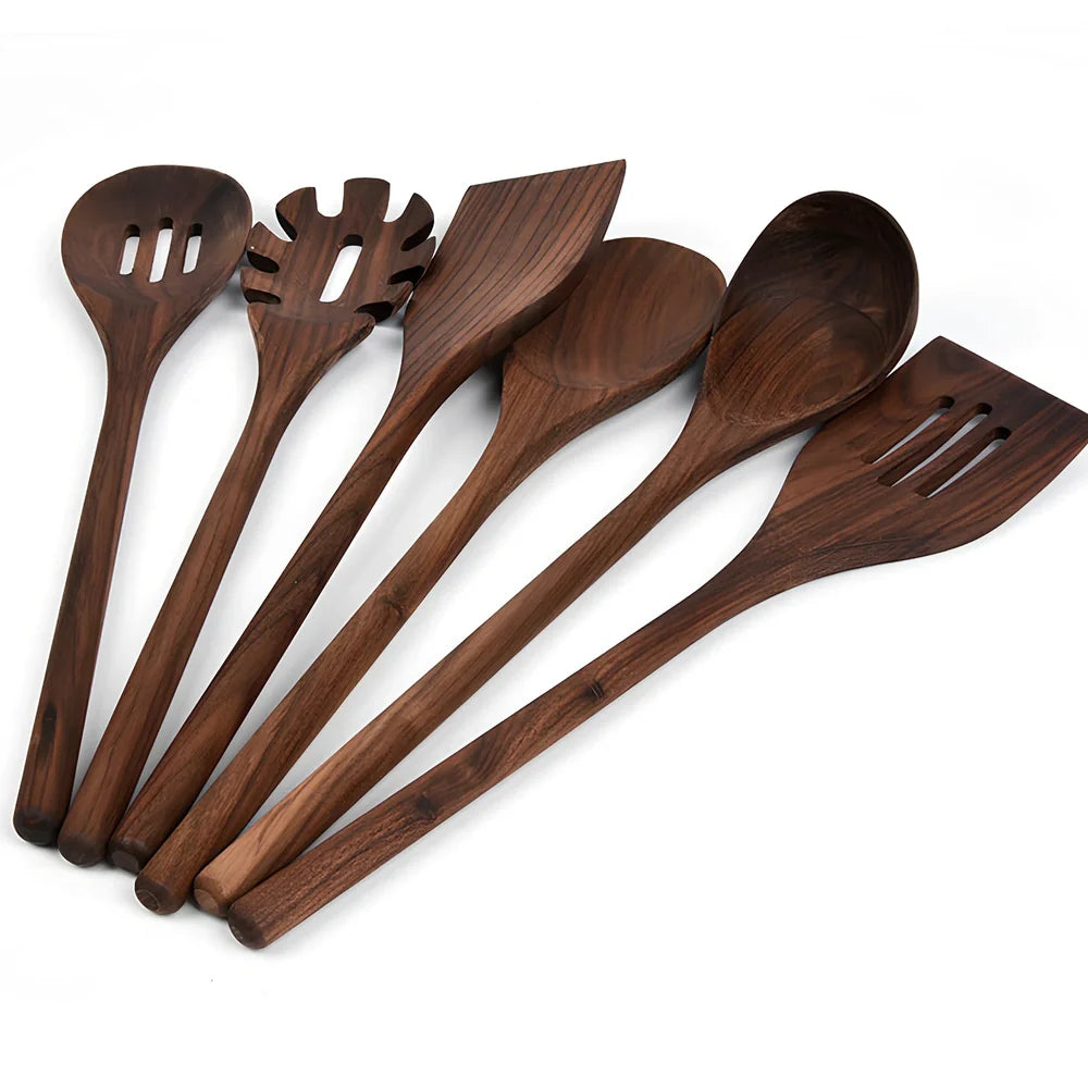Black walnut wooden kitchen utensil set with six pieces including shovel, spatula, spoons, and spaghetti claws