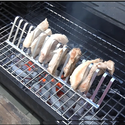 Stainless steel barbecue grill holder with vertical meat racks measuring 31cm length