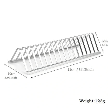 Stainless steel barbecue grill holder with vertical meat racks measuring 31cm length