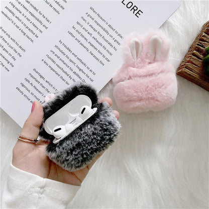 Pink and grey plush rabbit ears soft silicone protective cover for Apple AirPods charging case