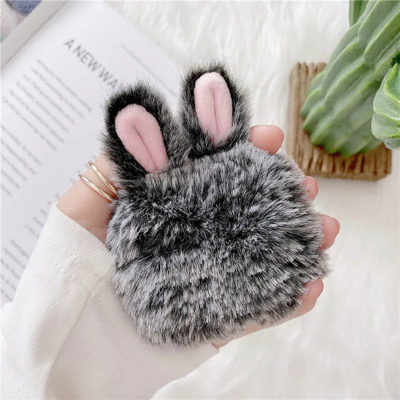 Pink and grey plush rabbit ears soft silicone protective cover for Apple AirPods charging case