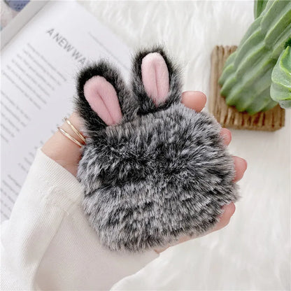 Pink and grey plush rabbit ears soft silicone protective cover for Apple AirPods charging case