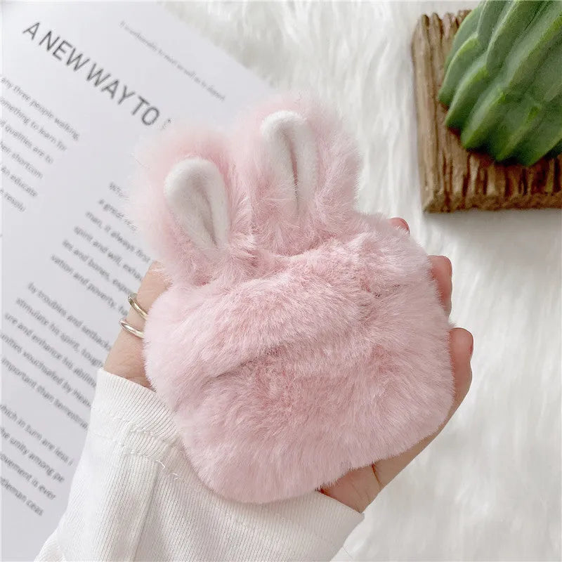 Pink and grey plush rabbit ears soft silicone protective cover for Apple AirPods charging case
