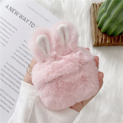Pink and grey plush rabbit ears soft silicone protective cover for Apple AirPods charging case