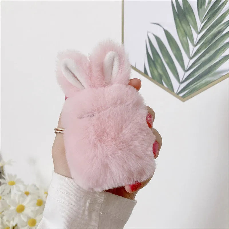 Pink and grey plush rabbit ears soft silicone protective cover for Apple AirPods charging case