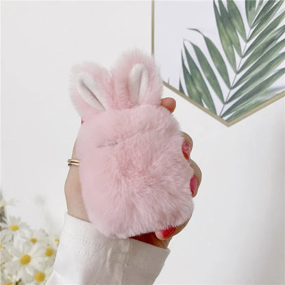 Pink and grey plush rabbit ears soft silicone protective cover for Apple AirPods charging case