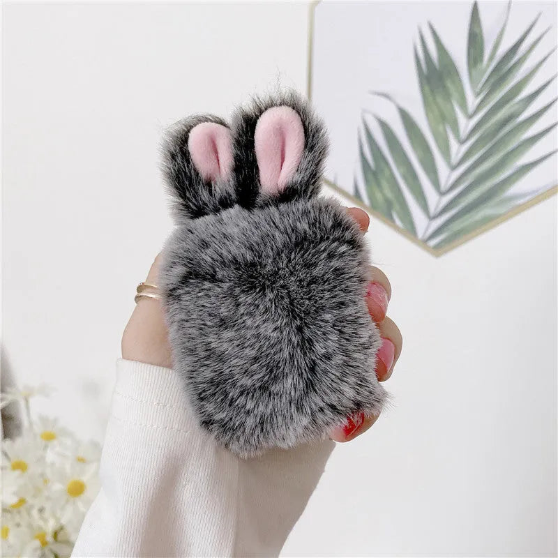 Pink and grey plush rabbit ears soft silicone protective cover for Apple AirPods charging case