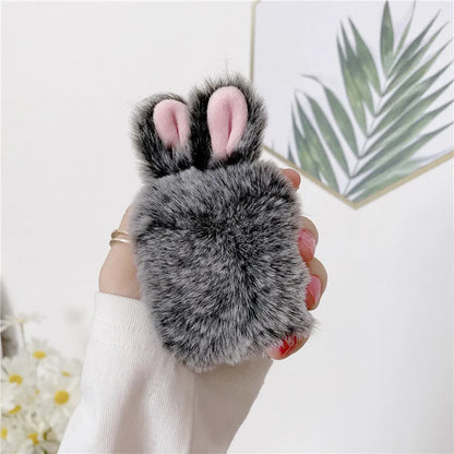 Pink and grey plush rabbit ears soft silicone protective cover for Apple AirPods charging case