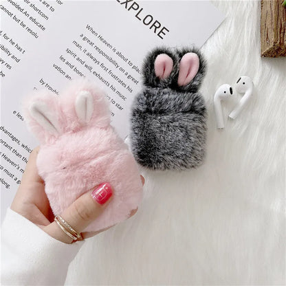 Pink and grey plush rabbit ears soft silicone protective cover for Apple AirPods charging case