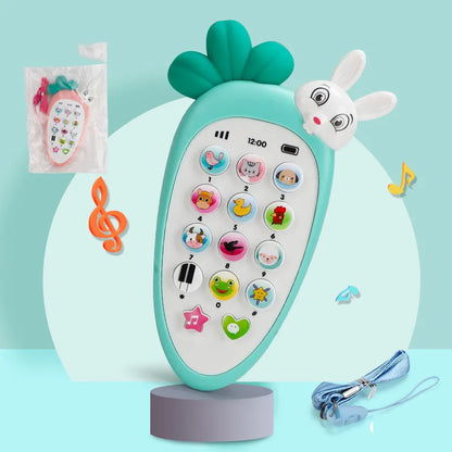Pink baby electronic phone toy with colourful keys on a white background.