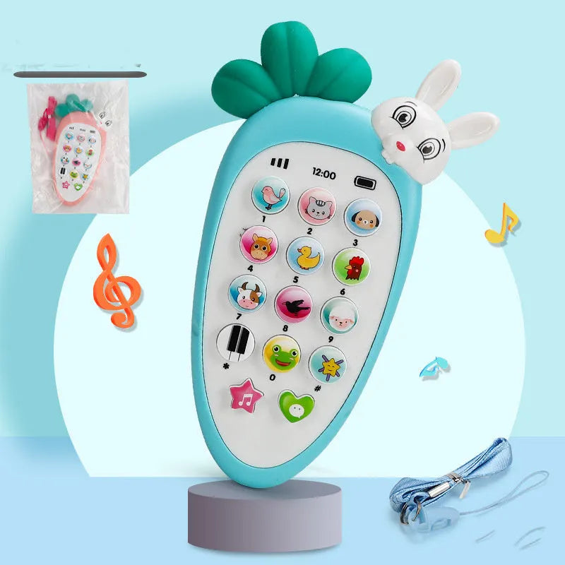 Pink baby electronic phone toy with colourful keys on a white background.