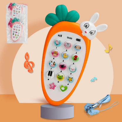 Pink baby electronic phone toy with colourful keys on a white background.