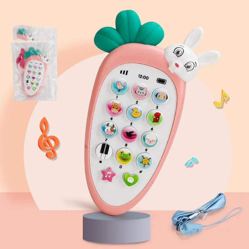 Pink baby electronic phone toy with colourful keys on a white background.