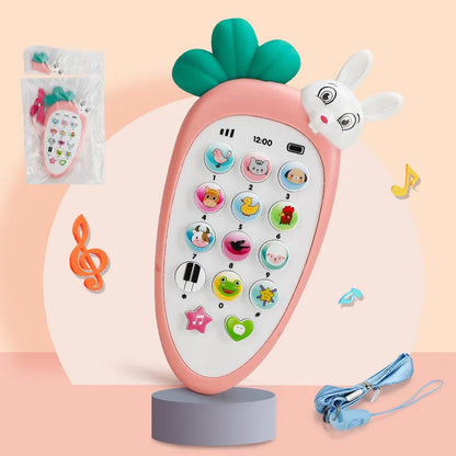 Pink baby electronic phone toy with colourful keys on a white background.