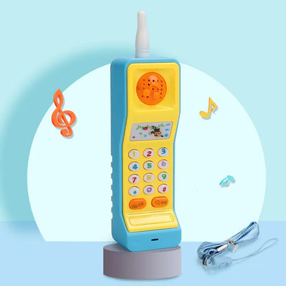 Pink baby electronic phone toy with colourful keys on a white background.