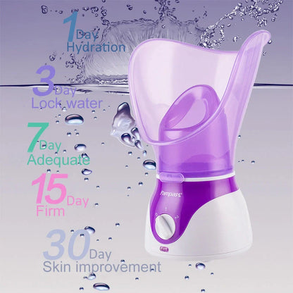 Purple facial steamer with dual conical cones for deep pore cleansing and nasal steam therapy