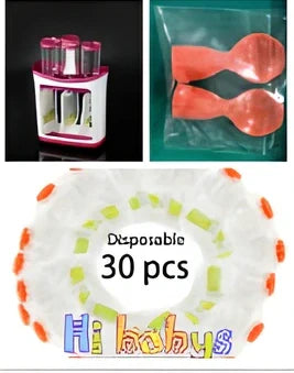 Baby food squeeze station pressing puree into 4-ounce pouch with ABS construction measuring 18x9x22cm