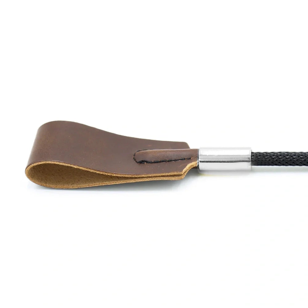 BDSM leather whip with silver metal head measuring 45cm in black colour