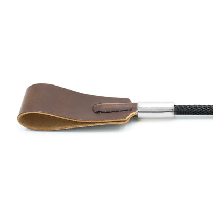 BDSM leather whip with silver metal head measuring 45cm in black colour