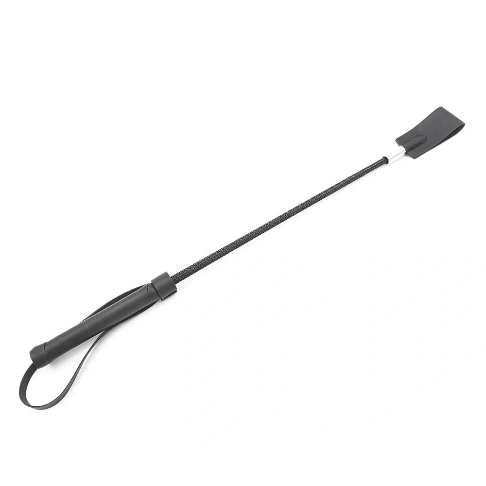 BDSM leather whip with silver metal head measuring 45cm in black colour