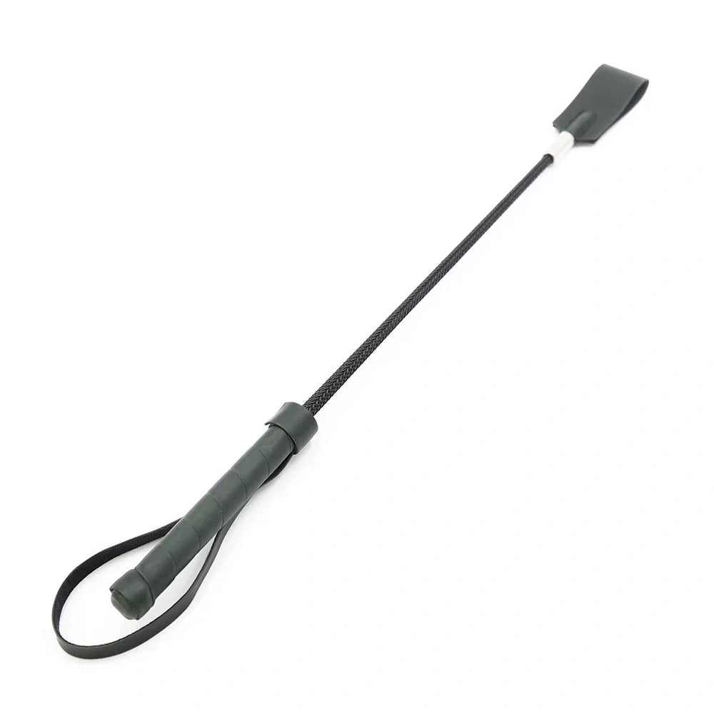 BDSM leather whip with silver metal head measuring 45cm in black colour