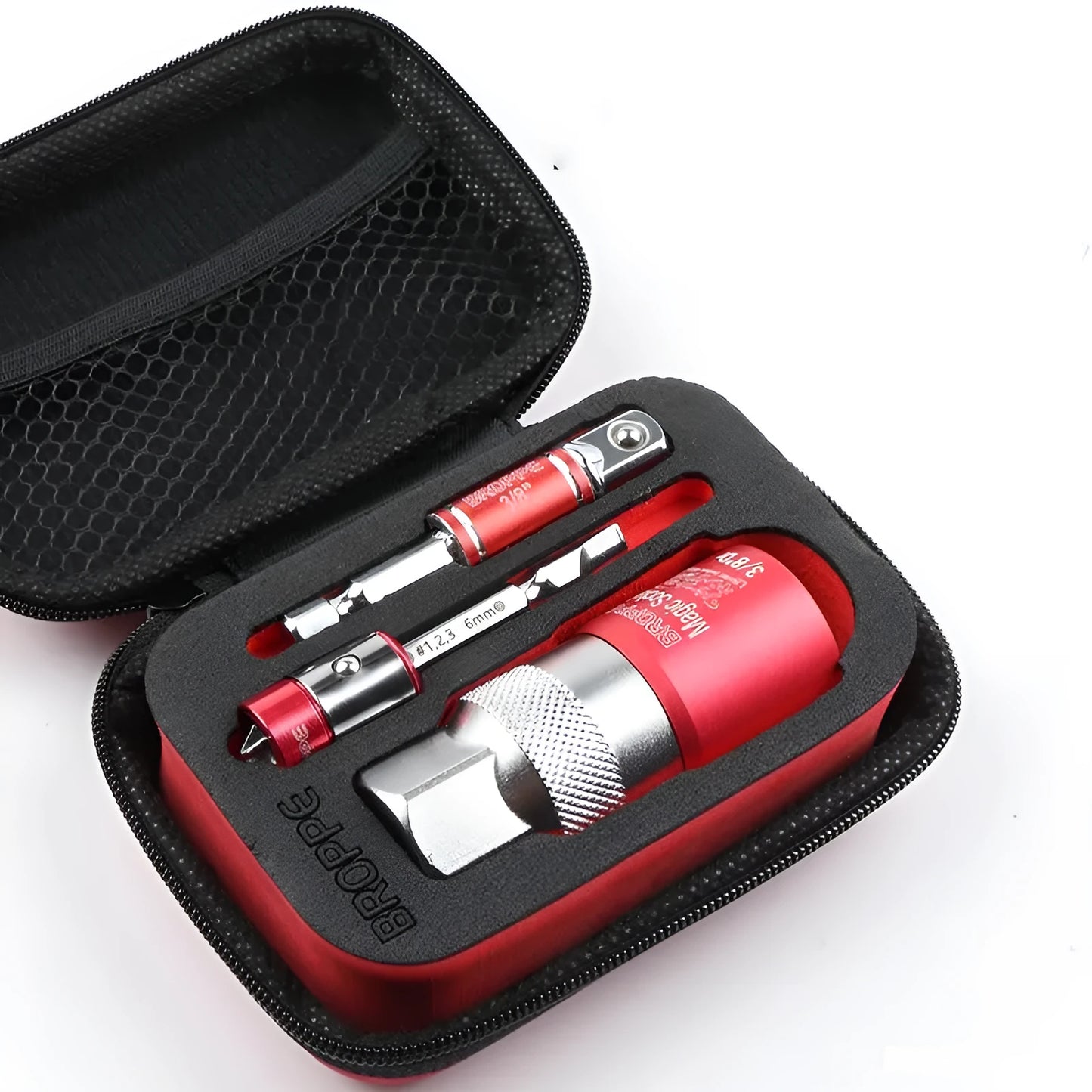 Red multi-function socket set with 7-19mm and 9-21mm universal sleeves and wrench socket