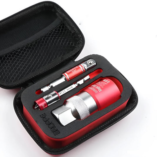 Red multi-function socket set with 7-19mm and 9-21mm universal sleeves and wrench socket
