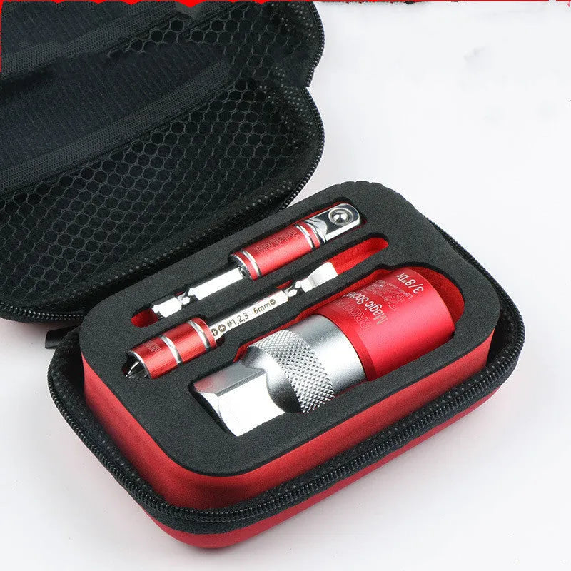 Red multi-function socket set with 7-19mm and 9-21mm universal sleeves and wrench socket