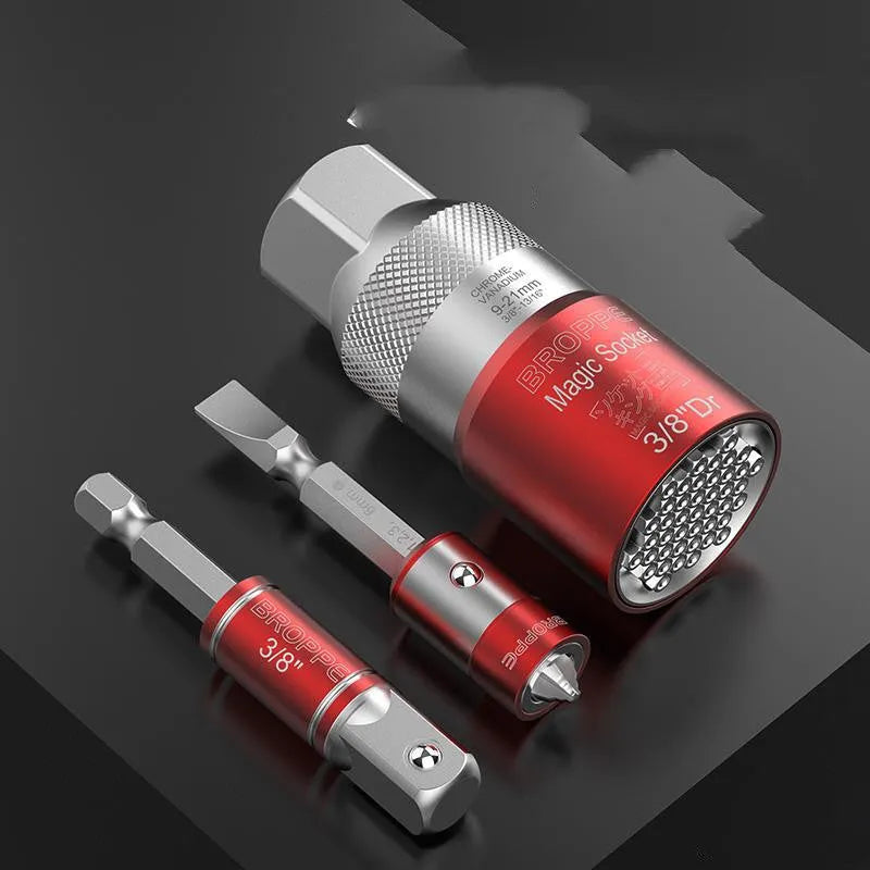 Red multi-function socket set with 7-19mm and 9-21mm universal sleeves and wrench socket