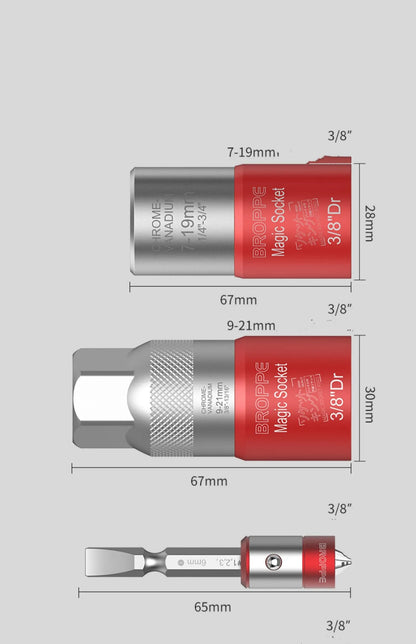 Red multi-function socket set with 7-19mm and 9-21mm universal sleeves and wrench socket
