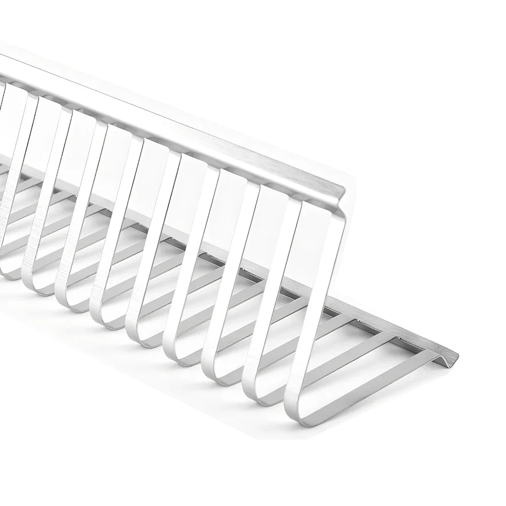 Stainless steel barbecue grill holder with vertical meat racks measuring 31cm length
