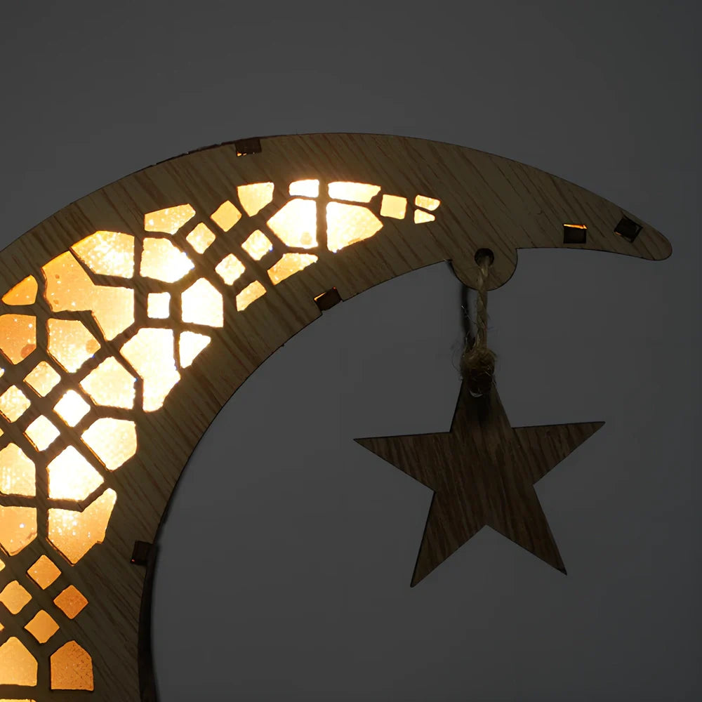 Handicraft Ramadan decoration with engraved calligraphy on 21×11×6cm MDF in wood moon colour