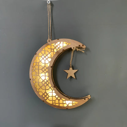 Handicraft Ramadan decoration with engraved calligraphy on 21×11×6cm MDF in wood moon colour