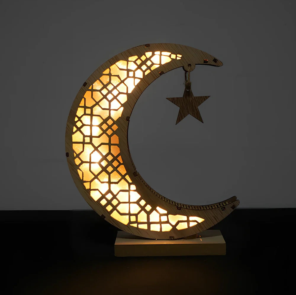 Handicraft Ramadan decoration with engraved calligraphy on 21×11×6cm MDF in wood moon colour