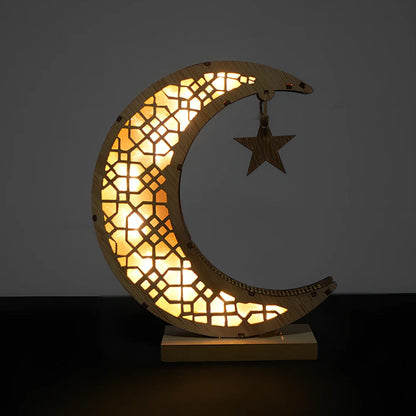 Handicraft Ramadan decoration with engraved calligraphy on 21×11×6cm MDF in wood moon colour
