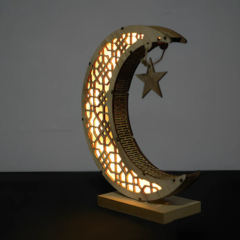 Handicraft Ramadan decoration with engraved calligraphy on 21×11×6cm MDF in wood moon colour