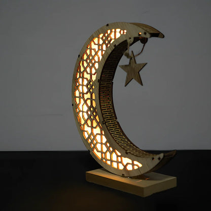 Handicraft Ramadan decoration with engraved calligraphy on 21×11×6cm MDF in wood moon colour
