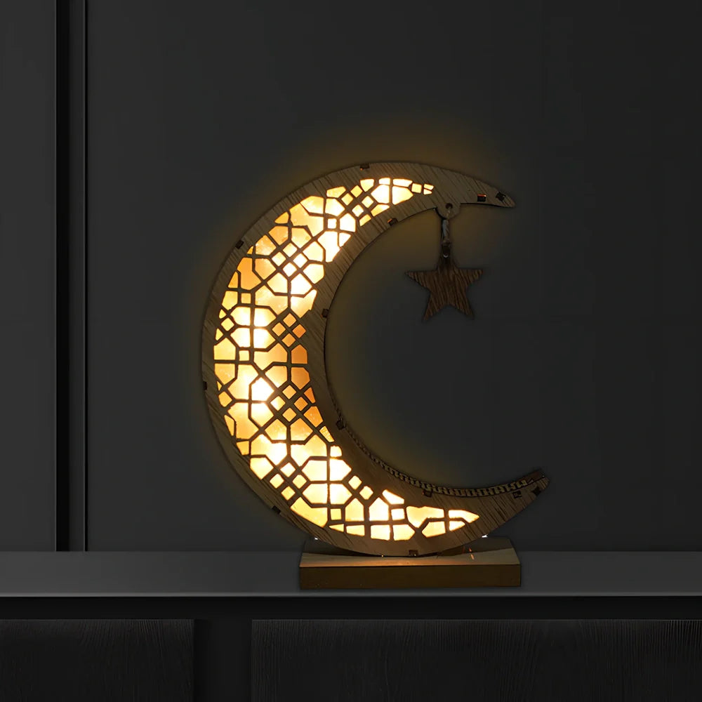 Handicraft Ramadan decoration with engraved calligraphy on 21×11×6cm MDF in wood moon colour